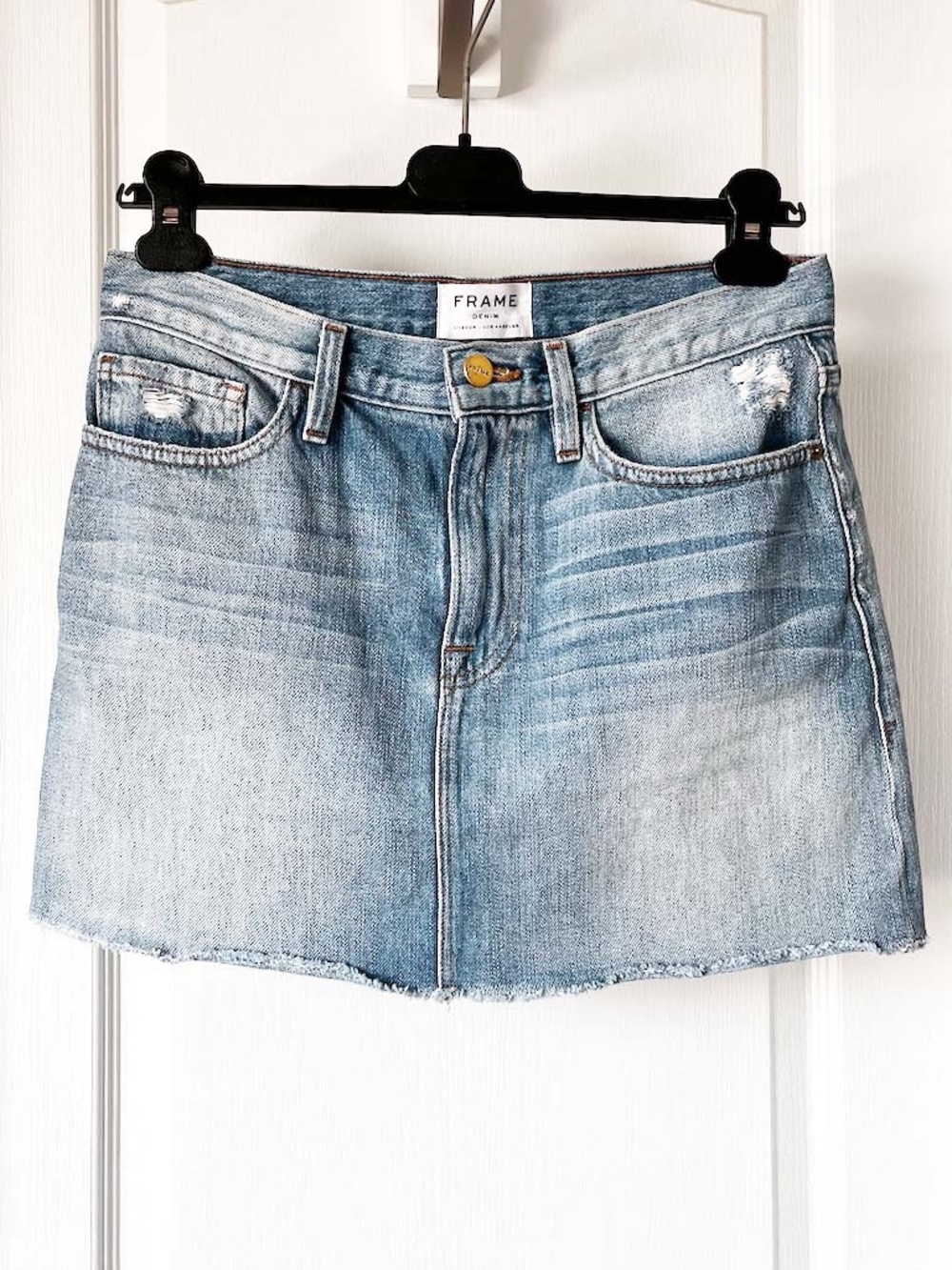 FRAME Distressed Denim Mini Skirt